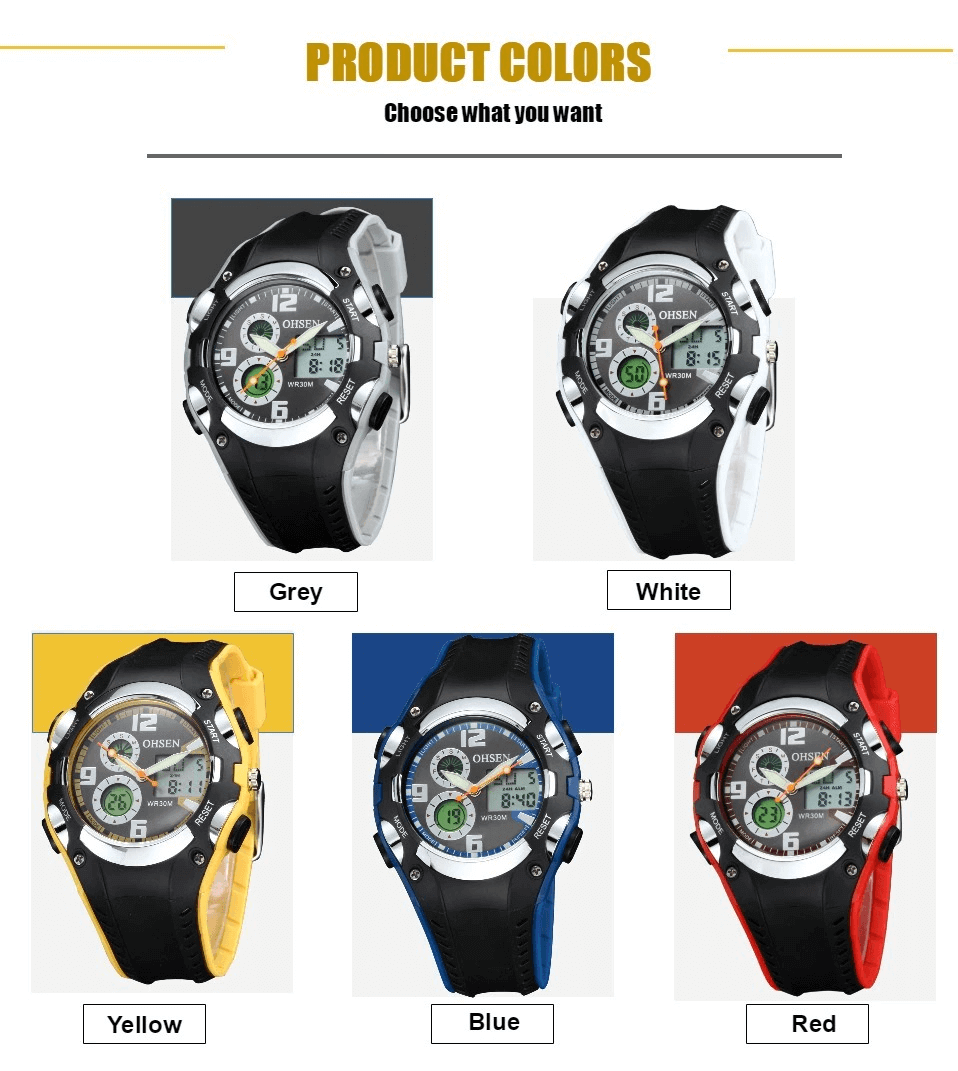 Digital Quartz Unisex Wristwatch SF0436 in grey, white, yellow, blue, and red silicone bands.